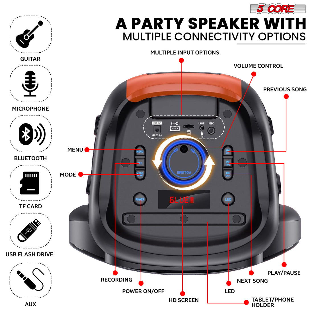 5Core Bluetooth Party Speaker 12 inch PA RGB Partybox Karaoke Machine + 2 Wireless Mic