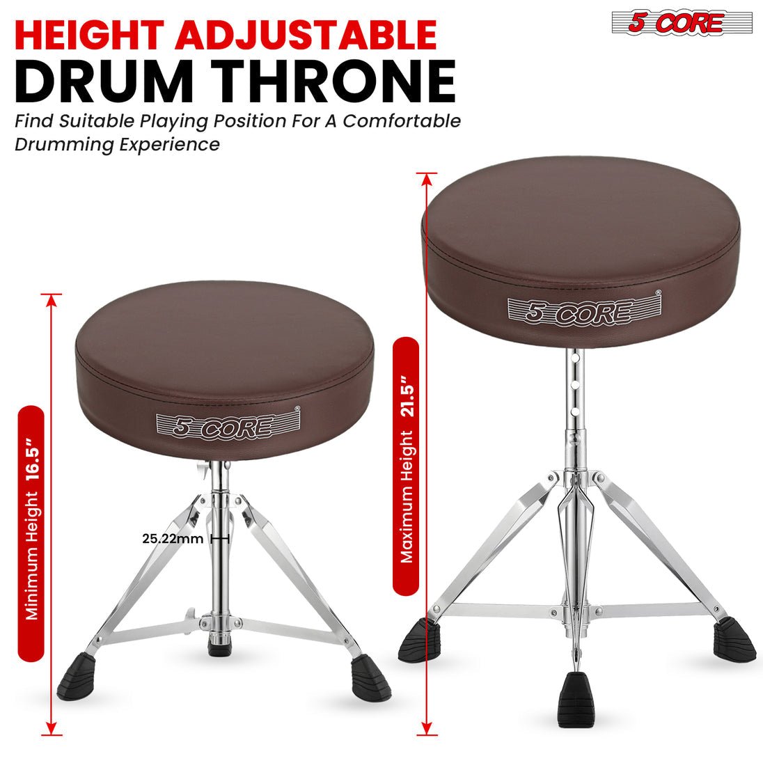 5Core Drum Throne Padded Adjustable Guitar Stool Drummer Seat for Adults & Kids BROWN