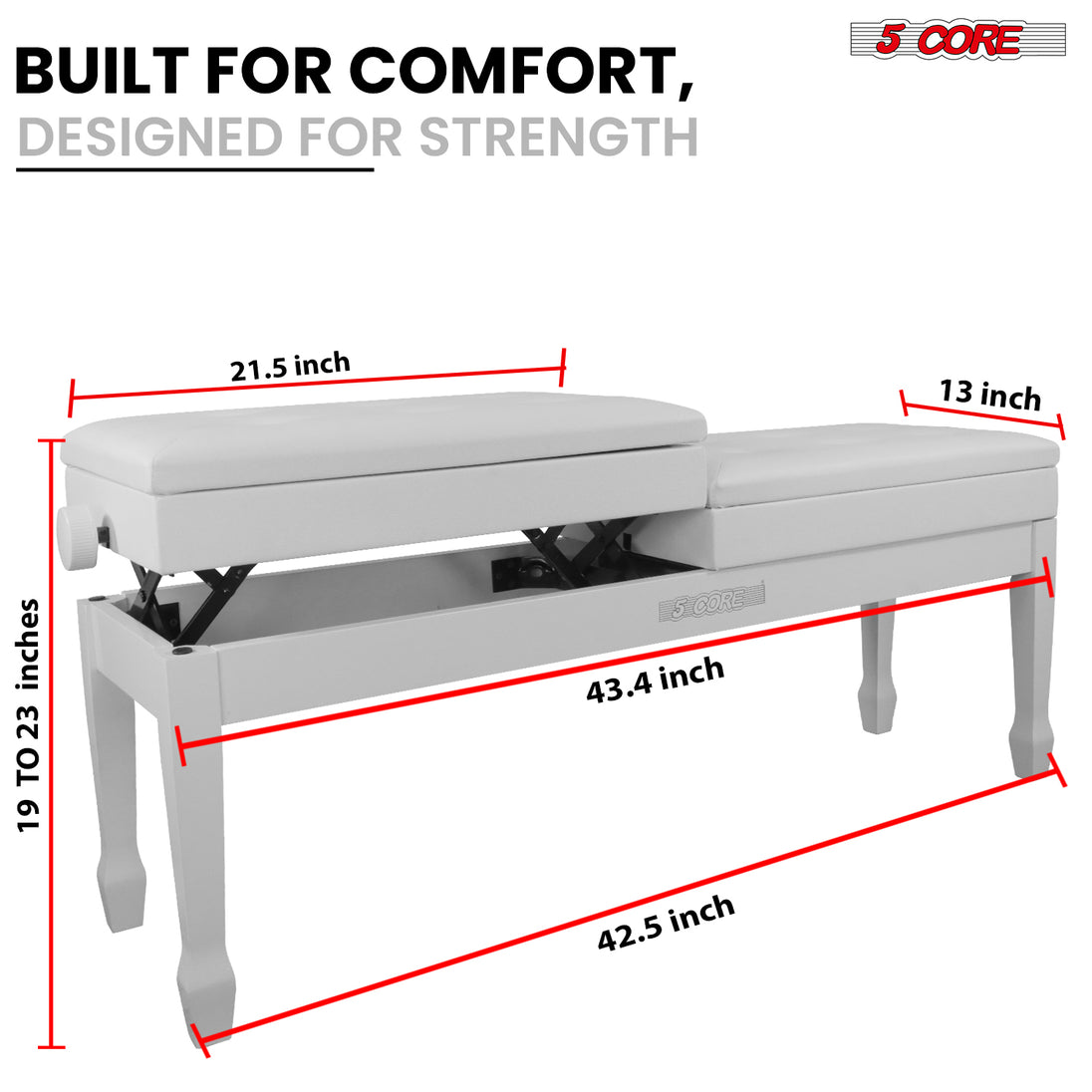 5CORE Duet Piano Bench with Storage for Two Adjustable Wooden Keyboard Stool for Adults & Kids