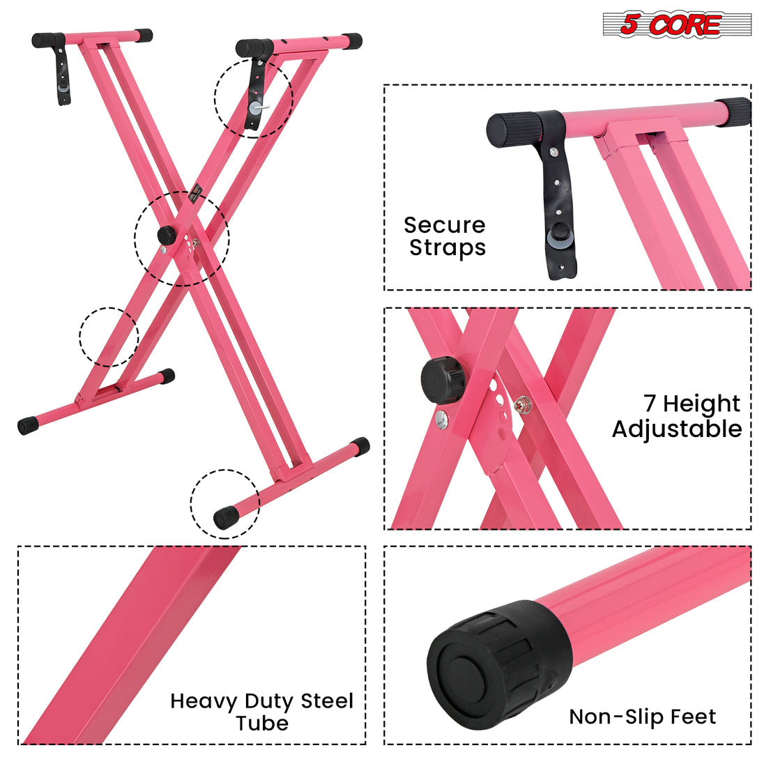 5Core Keyboard Stand Double X Style Adjustable Lift Piano Riser For 49 To 88 Keys BABY PINK