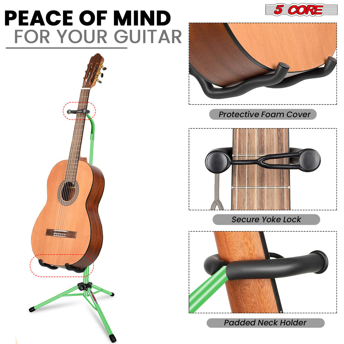 5Core Folding Guitar Stand – Floor Holder for Acoustic, Electric, and Bass Guitars