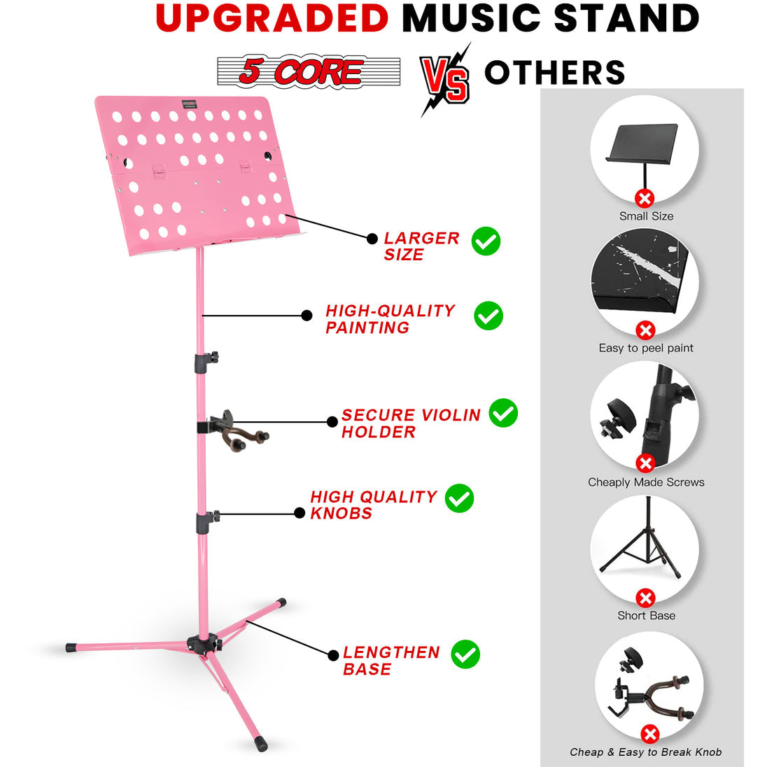 5Core Music Stand For Sheet Music Portable Tripod Adjustable Folding Note Holder PINK