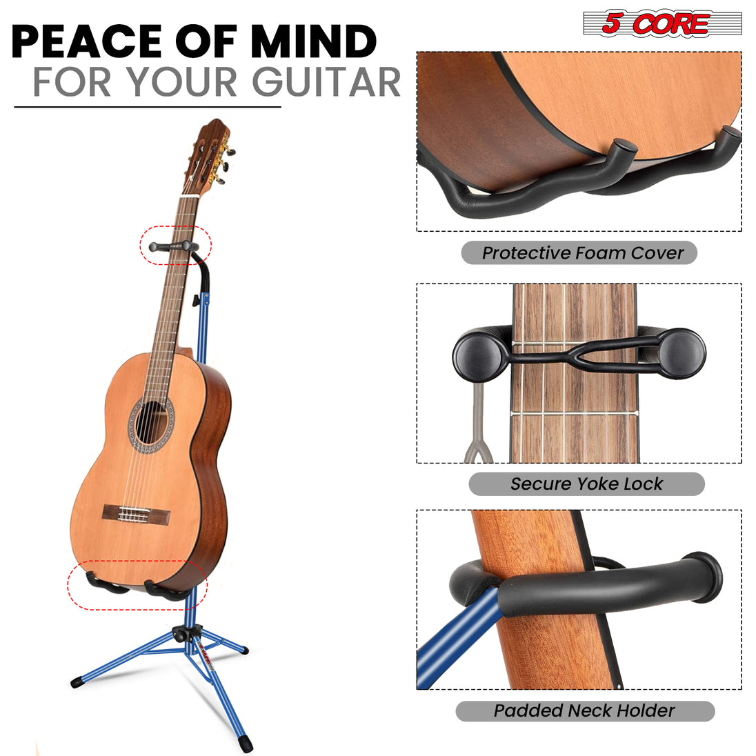 5Core Folding Floor Guitar Stand – Soporte Para Guitarra for Acoustic, Electric, and Bass Guitars