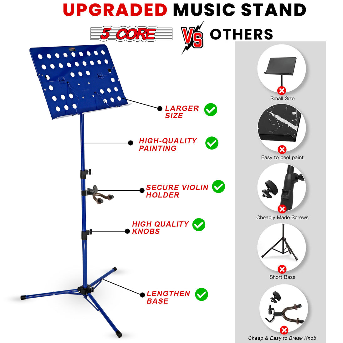 5Core Portable Music Stand for Sheet Music Adjustable Tripod Folding Note Holder Blue