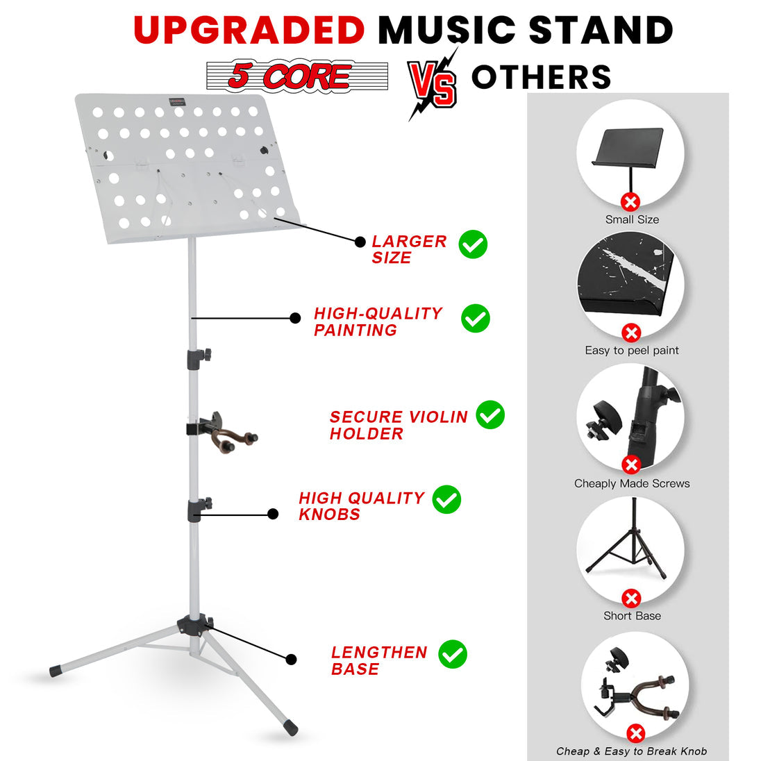 5Core Portable Music Stand for Sheet Music Adjustable Tripod Folding Note Holder White