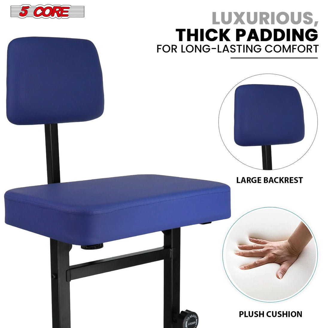 5 CORE Piano Bench Height Adjustable Keyboard Stool Stool Heavy Duty Thick Padded Cushioned Seat with Backrest Blue