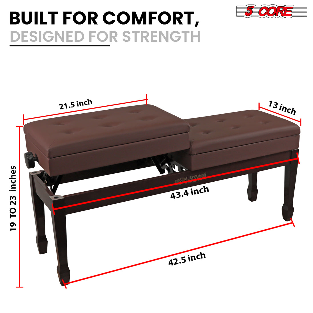 5CORE Duet Piano Bench with Storage Adjustable Wooden Keyboard Stool for Adults & Kids Designed for Two Players