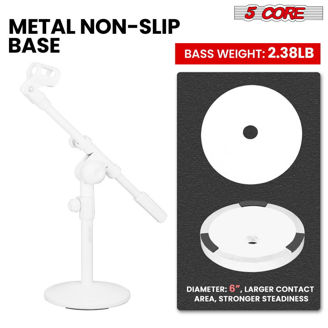 5Core Round Base Desktop Mic Stand Universal Desk Microphone Holder Table Top Stands White