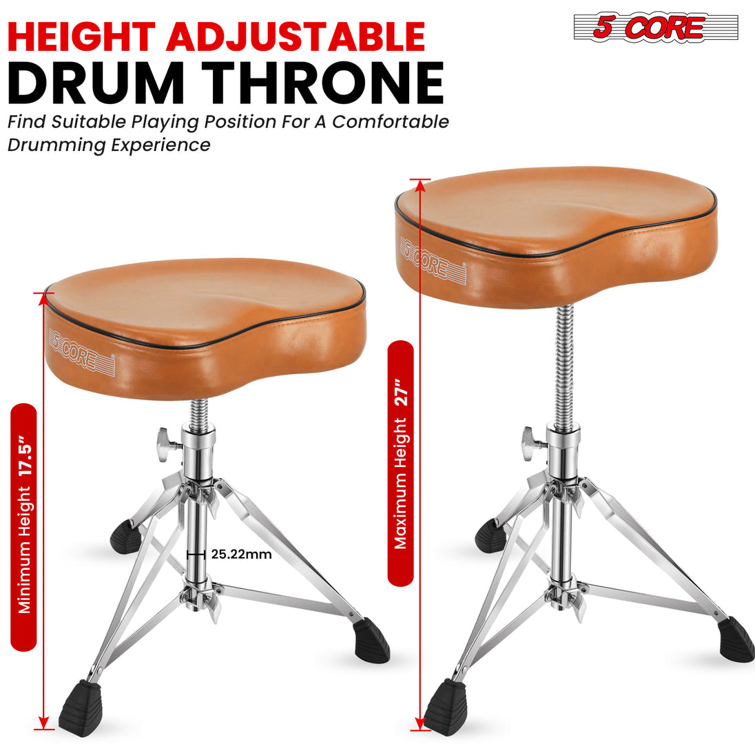 5Core Drum Throne Padded Guitar Stool Saddle Drummer Seat for Adults & Kids BROWN