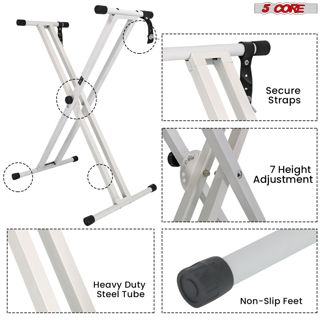 5Core Keyboard Stand Double X Style Adjustable Lift Piano Riser For 49 To 88 Keys WHITE