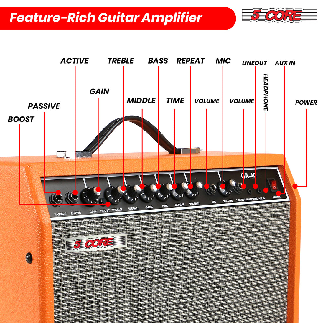 5 Core Guitar Amp For Electric Bass Acoustic Portable Amplifier Practice Amplificador 40W Orange