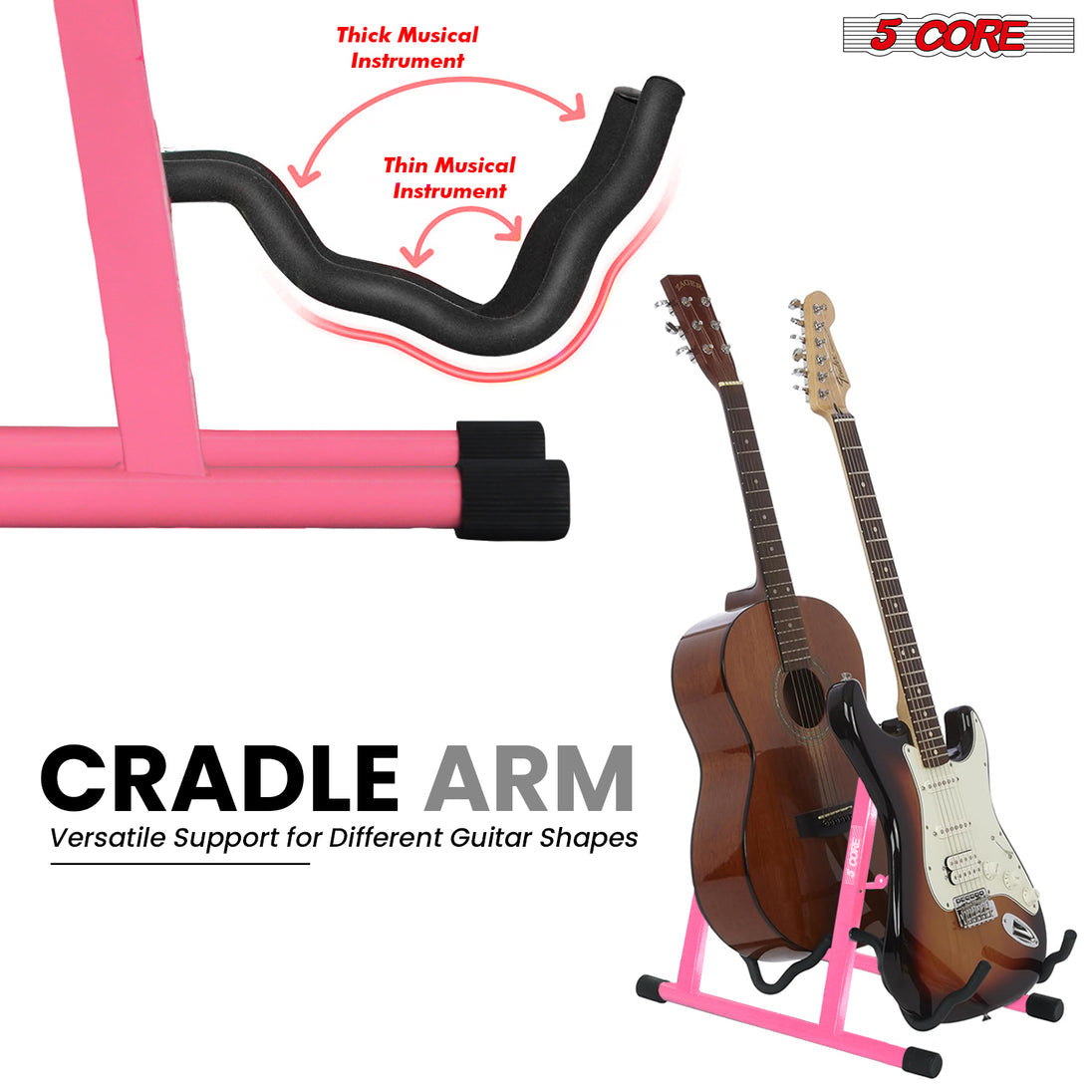 5Core Double Guitar Stand – Adjustable A-Frame Folding Holder for Acoustic & Electric Guitars GSS 2N1 PNK