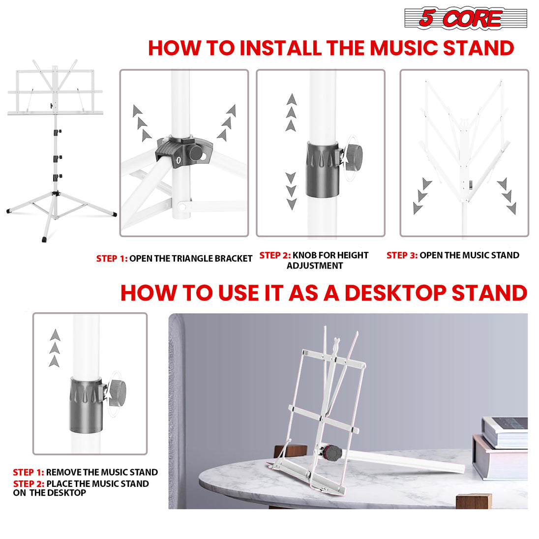 5Core Music Stand For Sheet Music Portable Tripod Adjustable Folding Note Holder Higher White