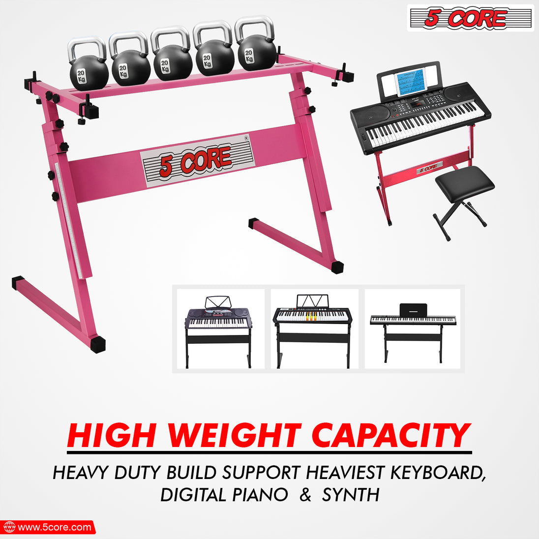 5Core Keyboard Stand Adjustable z Style Piano Riser + Keyboard Piano Bench PINK