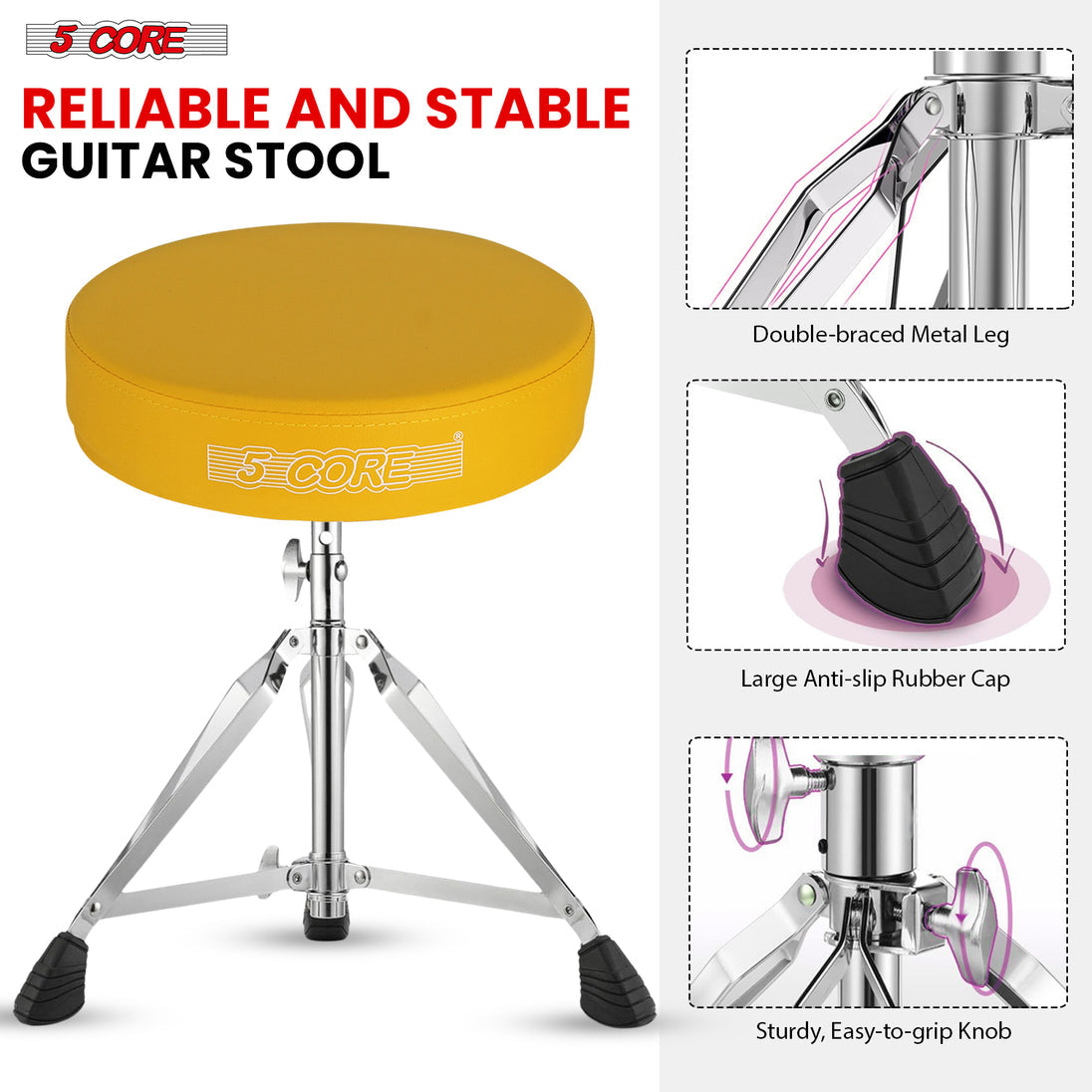 5Core Drum Throne Padded Adjustable Guitar Stool Drummer Seat for Adults & Kids YELLOW