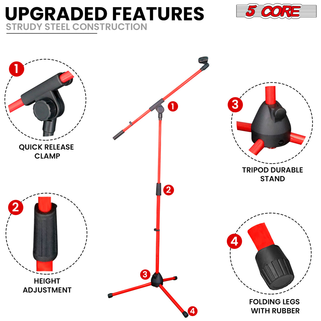 5Core Adjustable Tripod Mic Stand – Floor Microphone Stand with Boom Arm and Holder for Studio Use