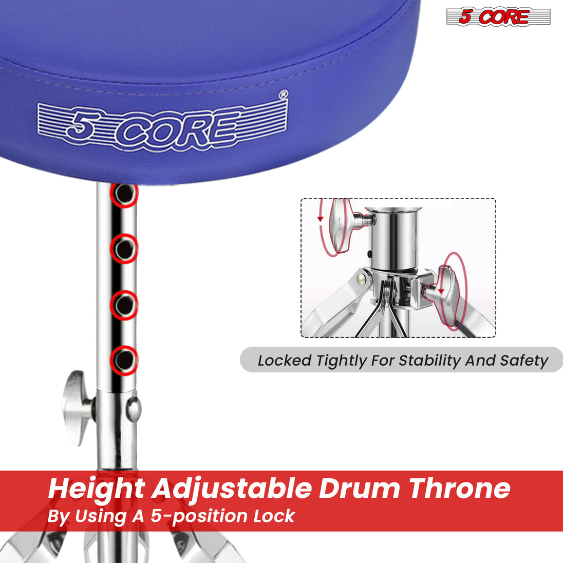 5Core Drum Throne Padded Adjustable Guitar Stool Drummer Seat for Adults & Kids BLUE