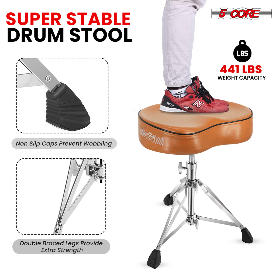 5Core Drum Throne Padded Guitar Stool Saddle Drummer Seat for Adults & Kids BROWN