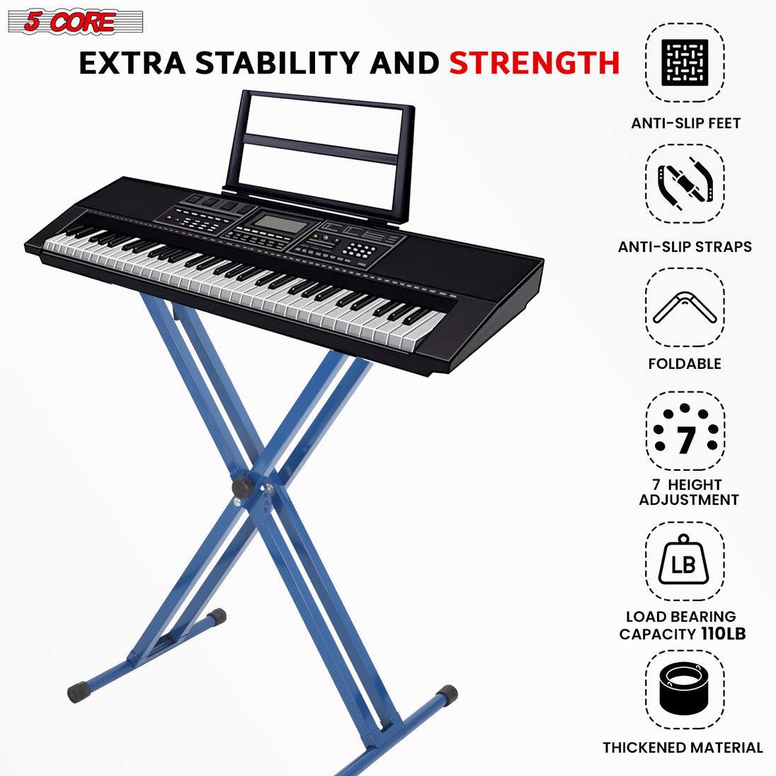 5Core Keyboard Stand Double X Style Adjustable Lift Piano Riser For 49 To 88 Keys BLUE