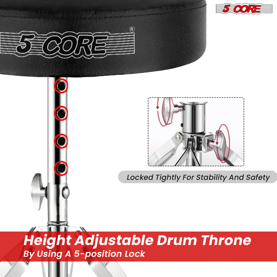 5Core Drum Throne Padded Adjustable Guitar Stool Drummer Seat for Adults & Kids BLACK