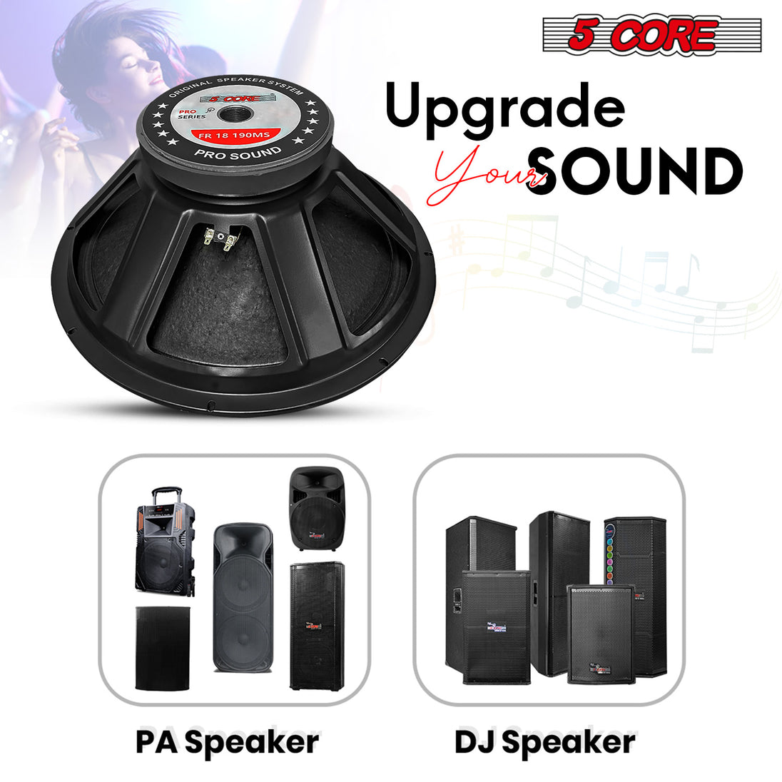 5Core 18 Inch DJ Subwoofer Speaker 1000W Max Power 8Ohm Full Range Replacement Woofer