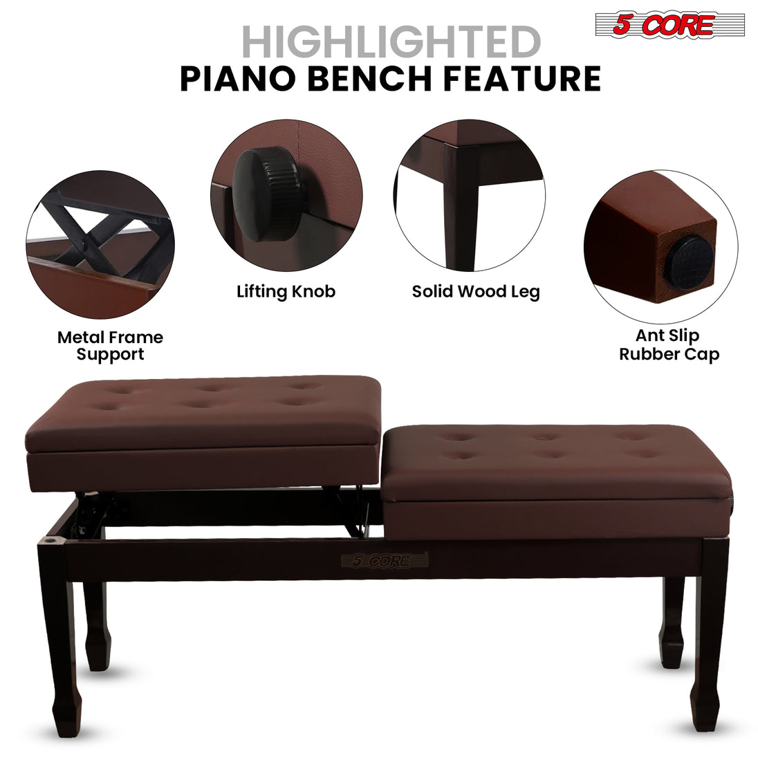 5CORE Duet Piano Bench with Storage Adjustable Wooden Keyboard Stool for Adults & Kids Designed for Two Players