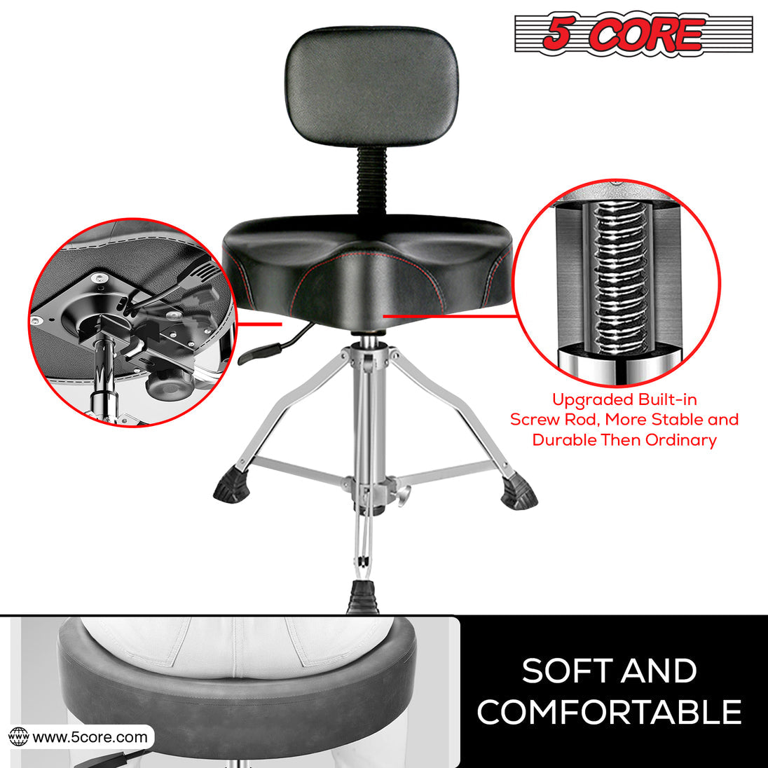 5Core Drum Throne Padded Guitar Stool Backrest Drummer Seat for Adults And Kids BLACK