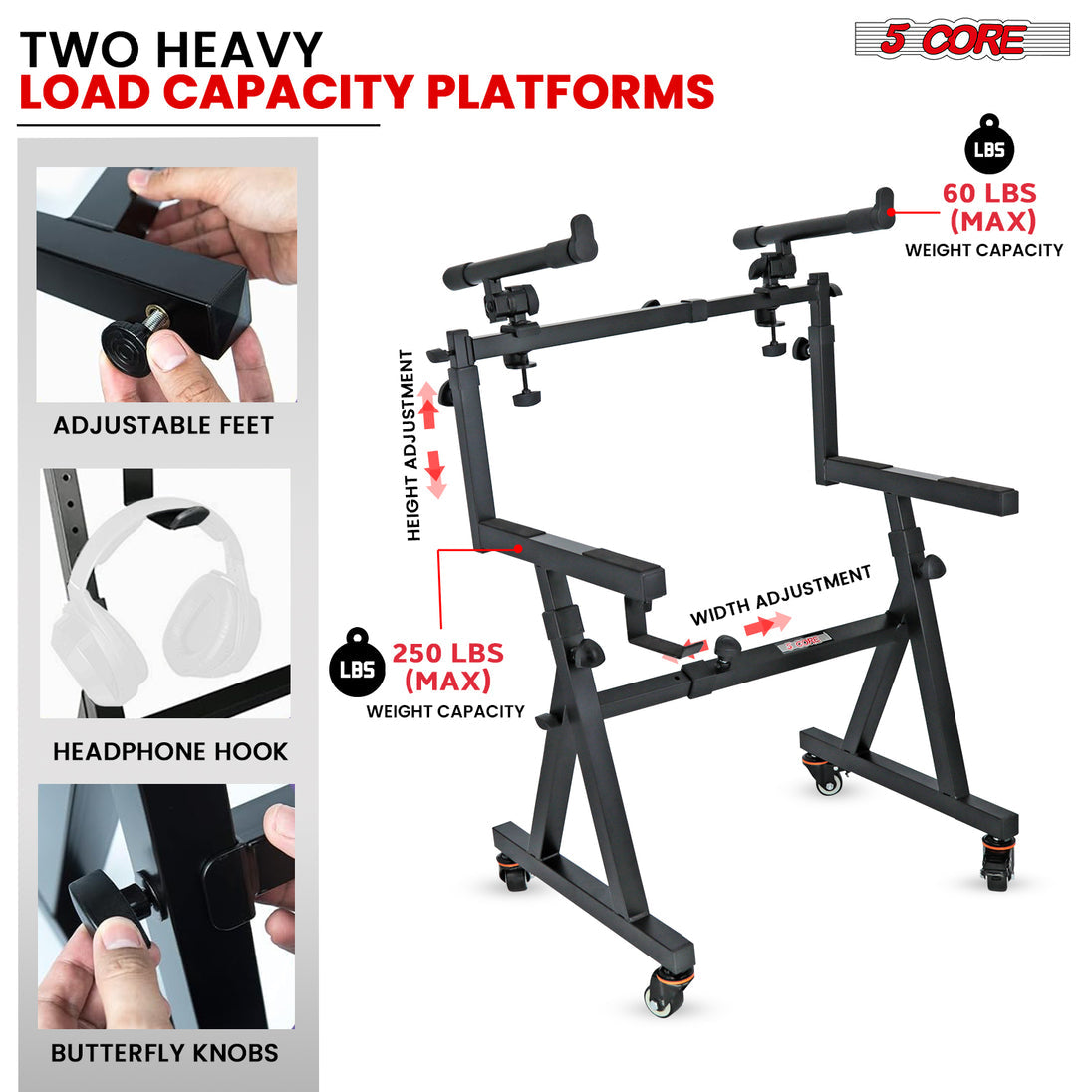 5Core 2 Tier Keyboard Stand Z Style Adjustable Electric Piano Riser Holder With Wheels