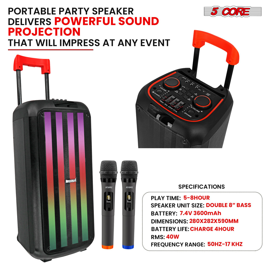 5Core Bluetooth Party Speaker 10 inch PA RGB Partybox Karaoke Machine + 2 Wireless Mic