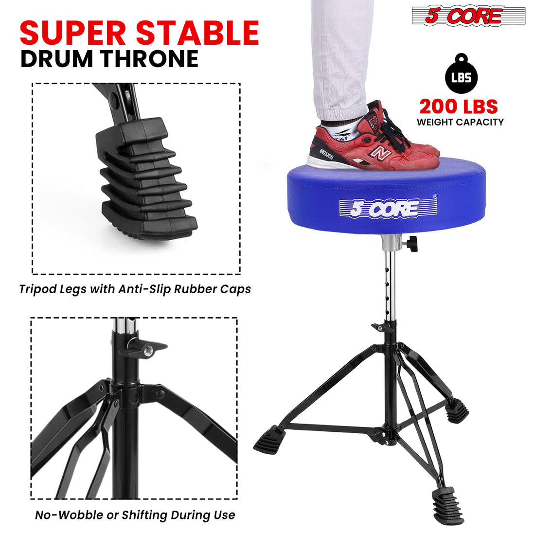 5Core Drum Throne Padded Guitar Stool Adjustable Drummer Seat for Adults & Kids BLUE