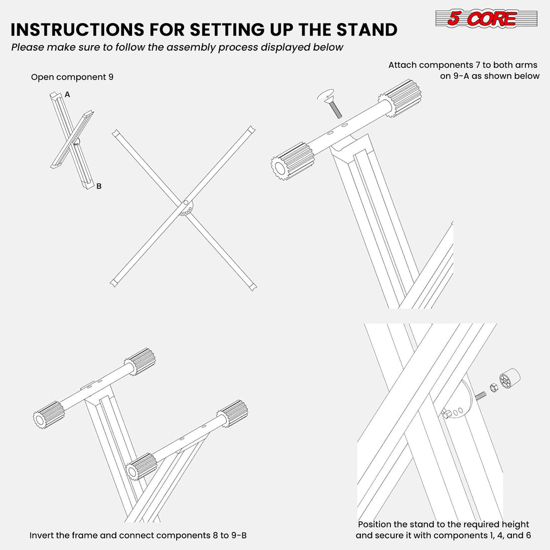 5Core Keyboard Stand Double X Style Adjustable Lift Piano Riser For 49 To 88 Keys WHITE