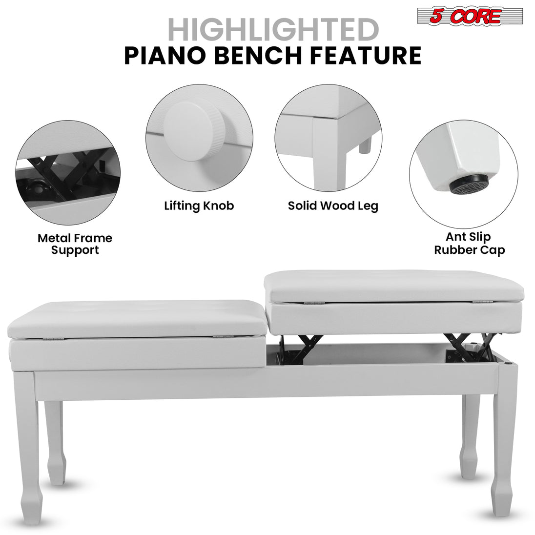 5CORE Duet Piano Bench with Storage for Two Adjustable Wooden Keyboard Stool for Adults & Kids