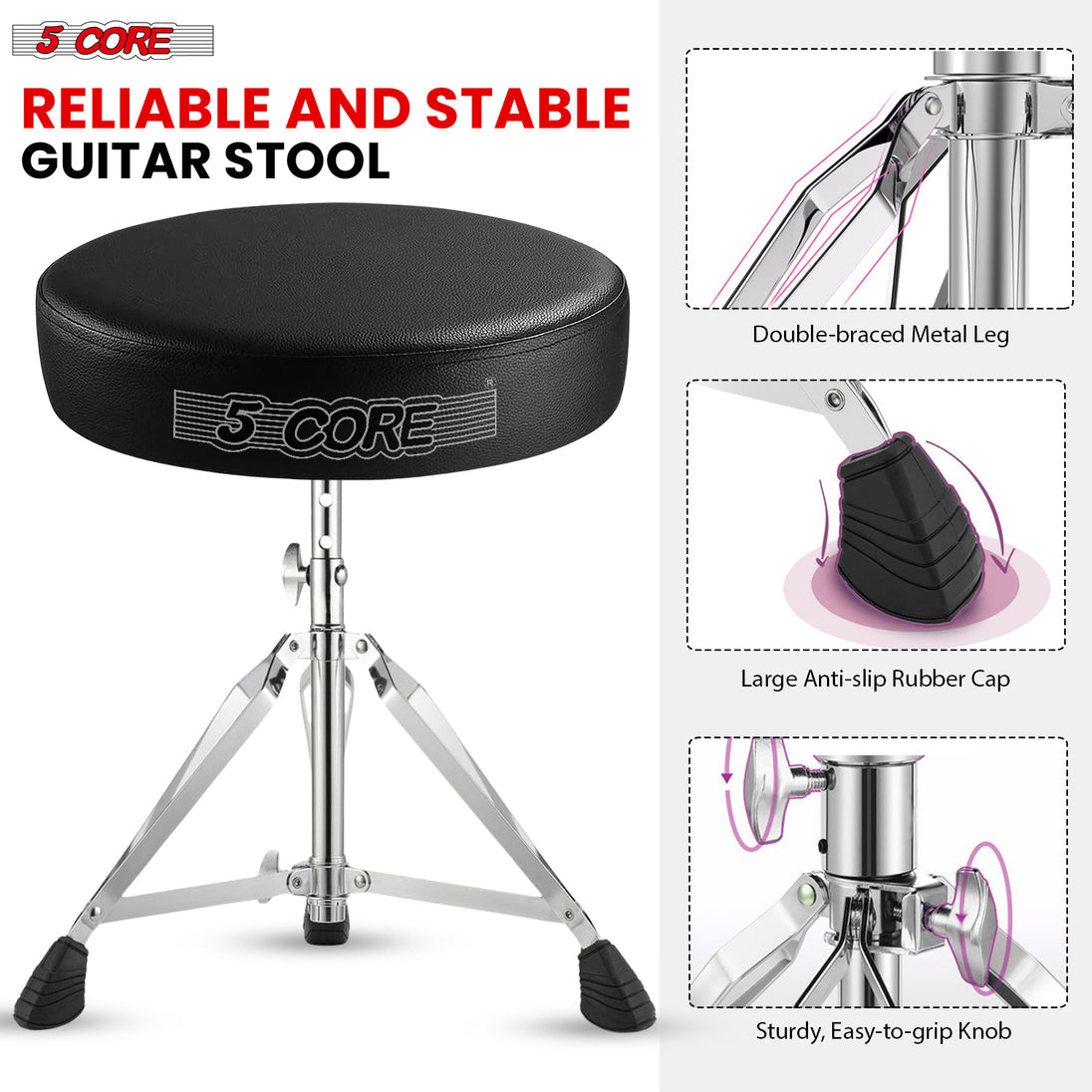 5Core Drum Throne Padded Adjustable Guitar Stool Drummer Seat for Adults & Kids BLACK