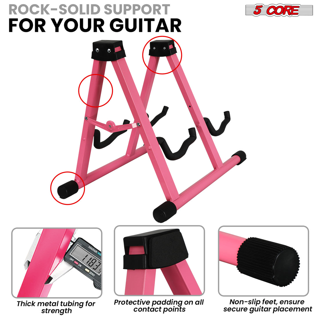 5Core Double Guitar Stand – Adjustable A-Frame Folding Holder for Acoustic & Electric Guitars GSS 2N1 PNK