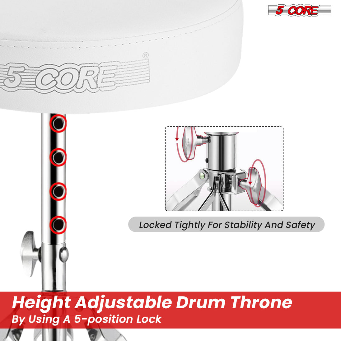 5Core Drum Throne Padded Adjustable Guitar Stool Drummer Seat for Adults & Kids WHITE