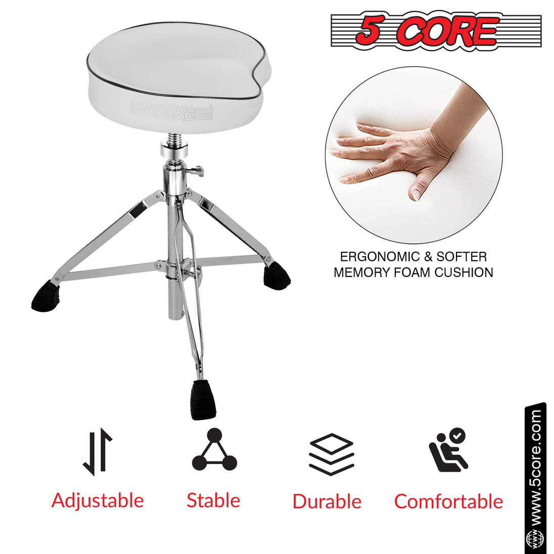 5Core Drum Throne Padded Guitar Stool Saddle Drummer Seat for Adults & Kids WHITE