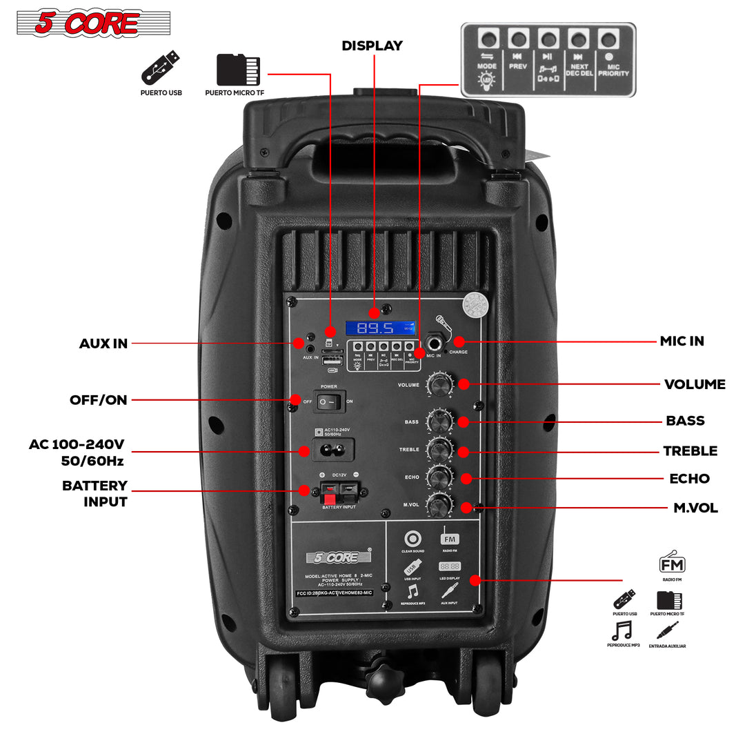 5Core 8-Inch Portable Bluetooth Party Speaker – Karaoke Boombox with 2 Wireless Microphones