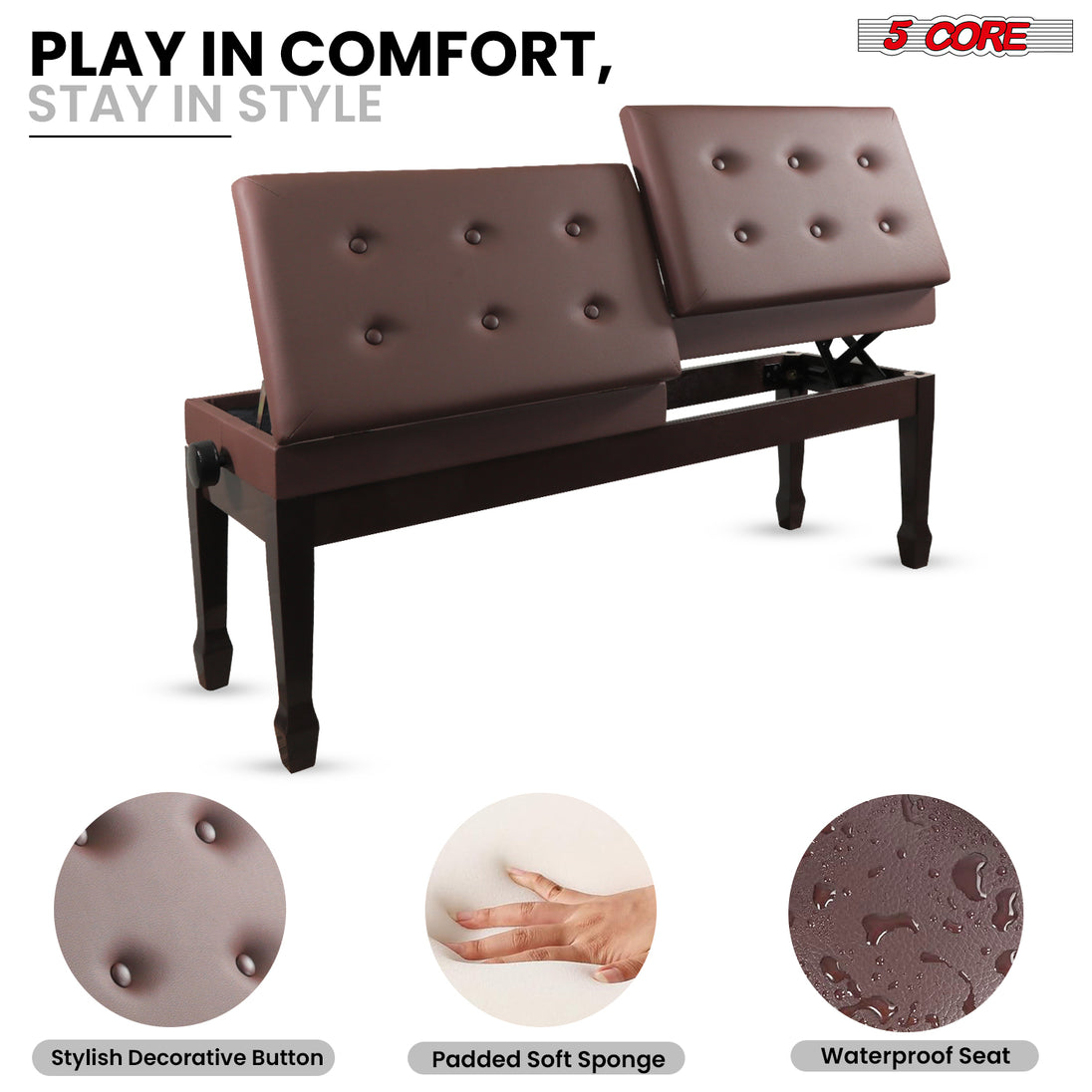 5CORE Duet Piano Bench with Storage Adjustable Wooden Keyboard Stool for Adults & Kids Designed for Two Players