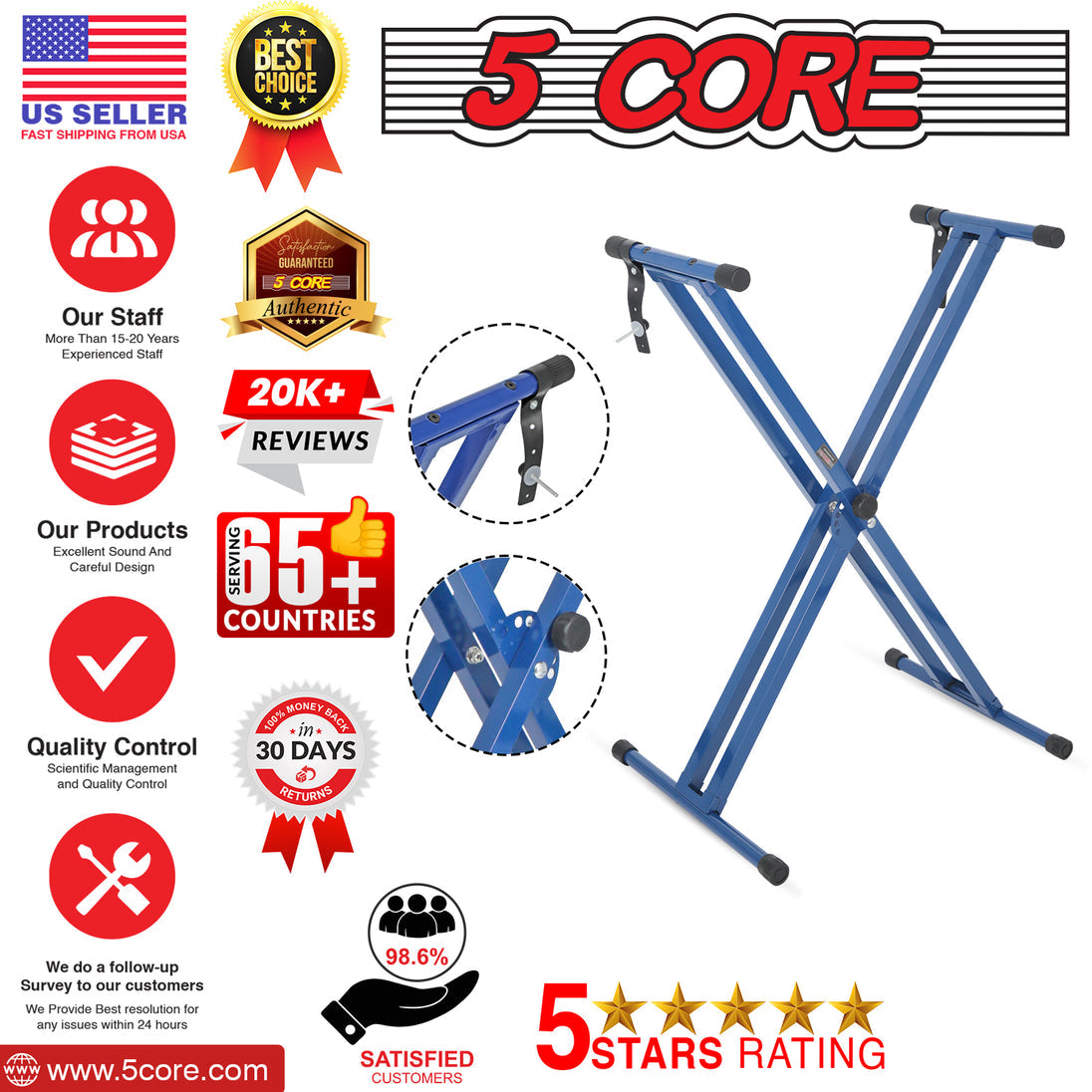 5Core Keyboard Stand Double X Style Adjustable Lift Piano Riser For 49 To 88 Keys BLUE