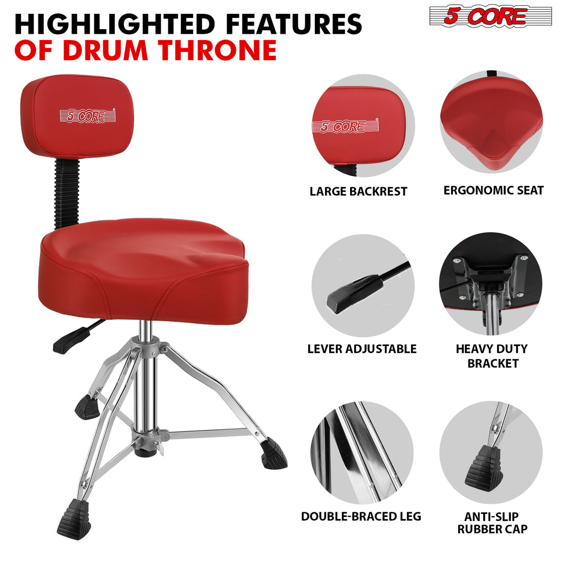 5Core Drum Throne Padded Guitar Stool Backrest Drummer Seat for Adults And Kids RED