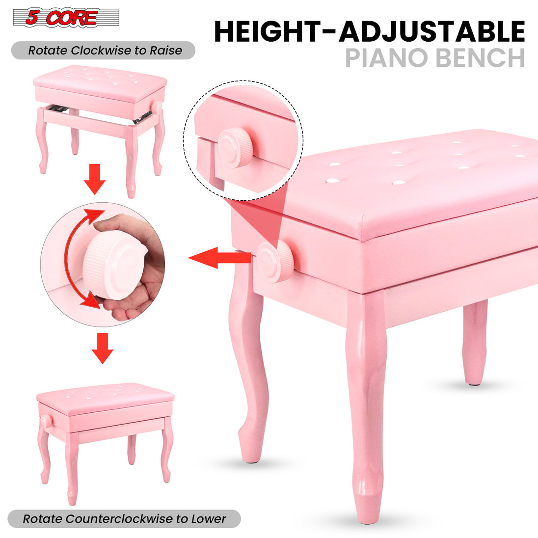 5 Core Piano Bench Wooden Height Adjustable Stool Heavy Duty Keyboard Seat with Storage PINK