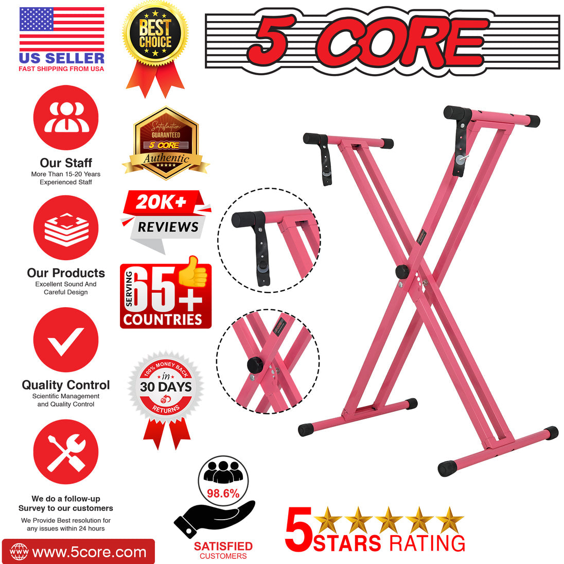 5Core Keyboard Stand Double X Style Adjustable Lift Piano Riser For 49 To 88 Keys BABY PINK