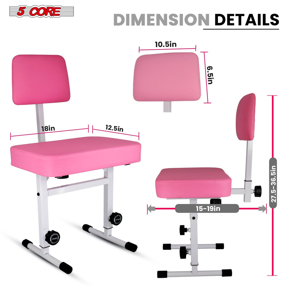 5 CORE Piano Bench Height Adjustable Keyboard Stool Stool Heavy Duty Thick Padded Cushioned Seat with Backrest Pink