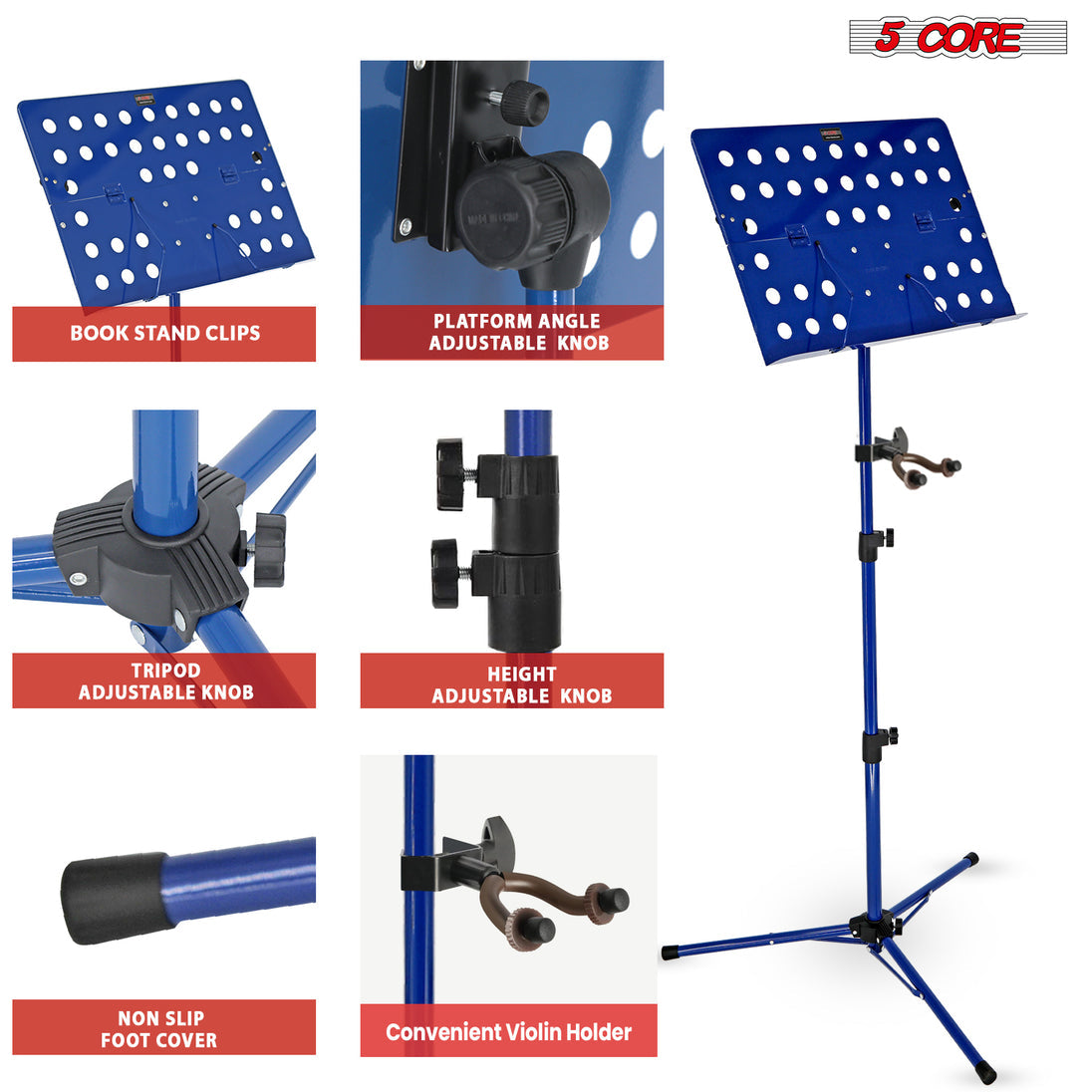 5Core Portable Music Stand for Sheet Music Adjustable Tripod Folding Note Holder Blue