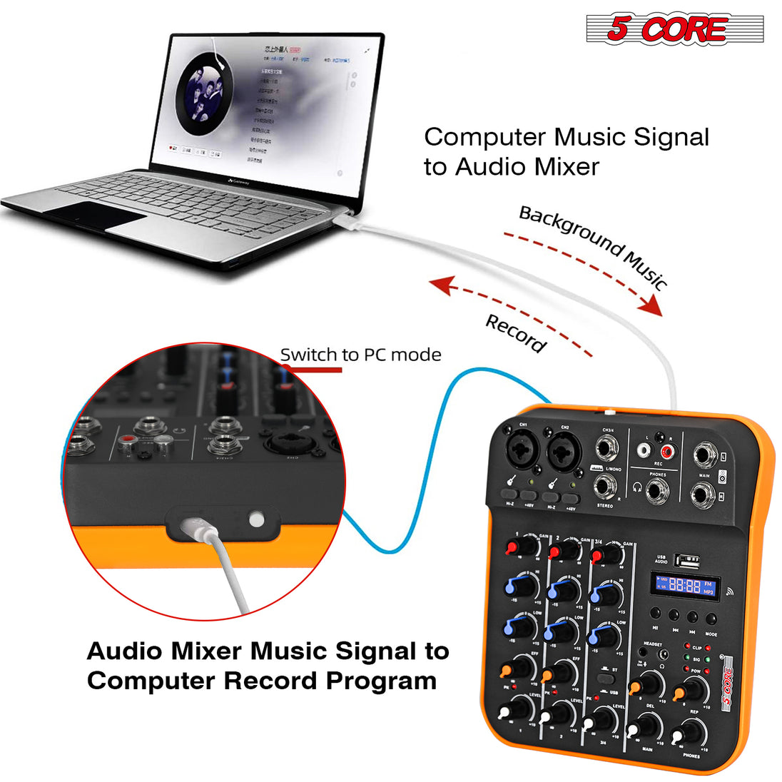 5 Core Audio Mixer 4 Channel DJ Equipment with Bluetooth USB Sound Board Console