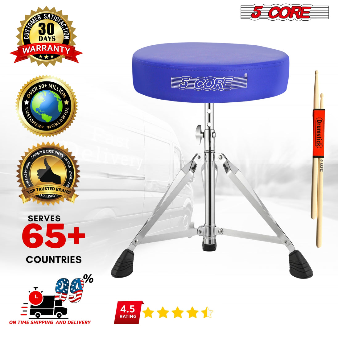 5Core Drum Throne Padded Adjustable Guitar Stool Drummer Seat for Adults & Kids BLUE