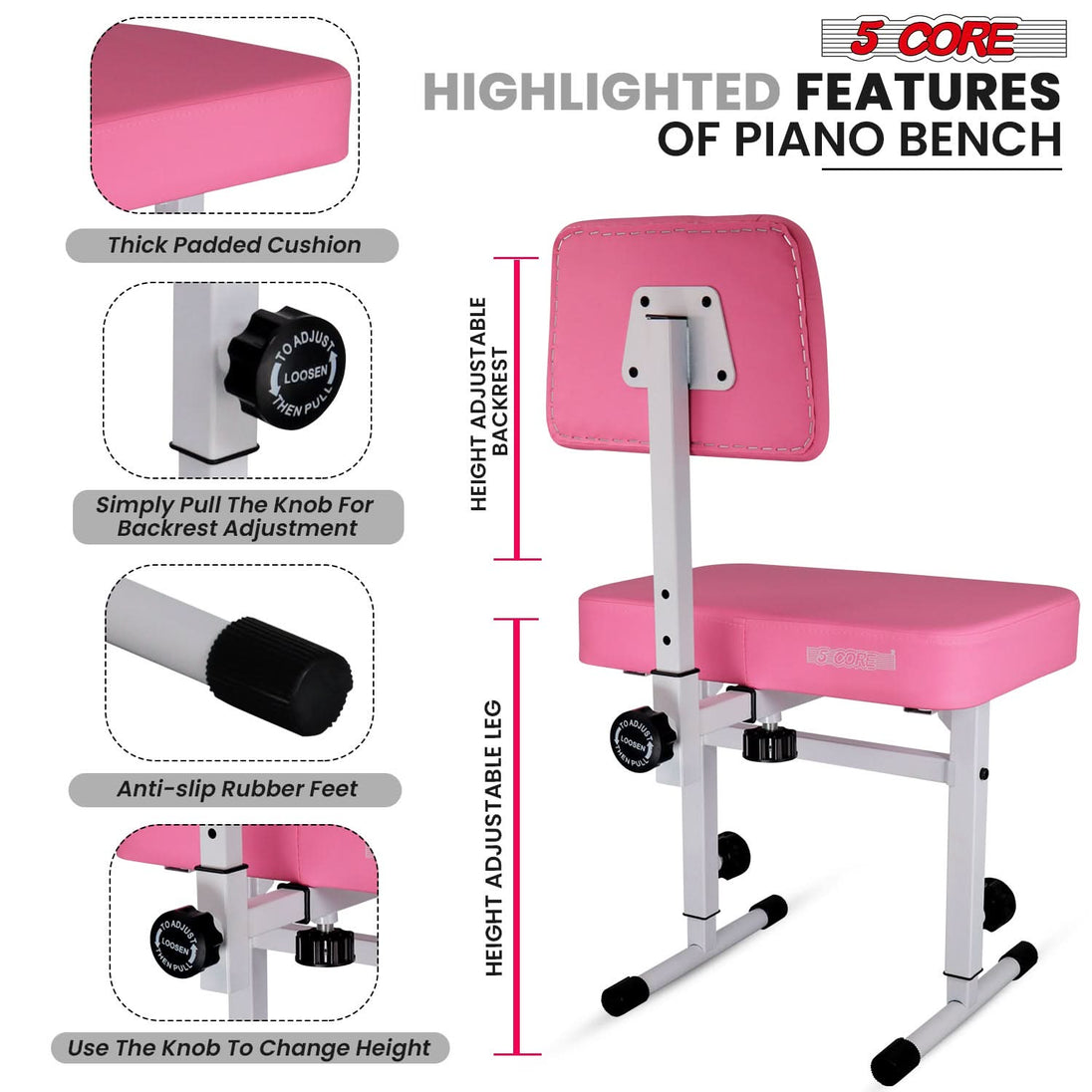 5 CORE Piano Bench Height Adjustable Keyboard Stool Stool Heavy Duty Thick Padded Cushioned Seat with Backrest Pink