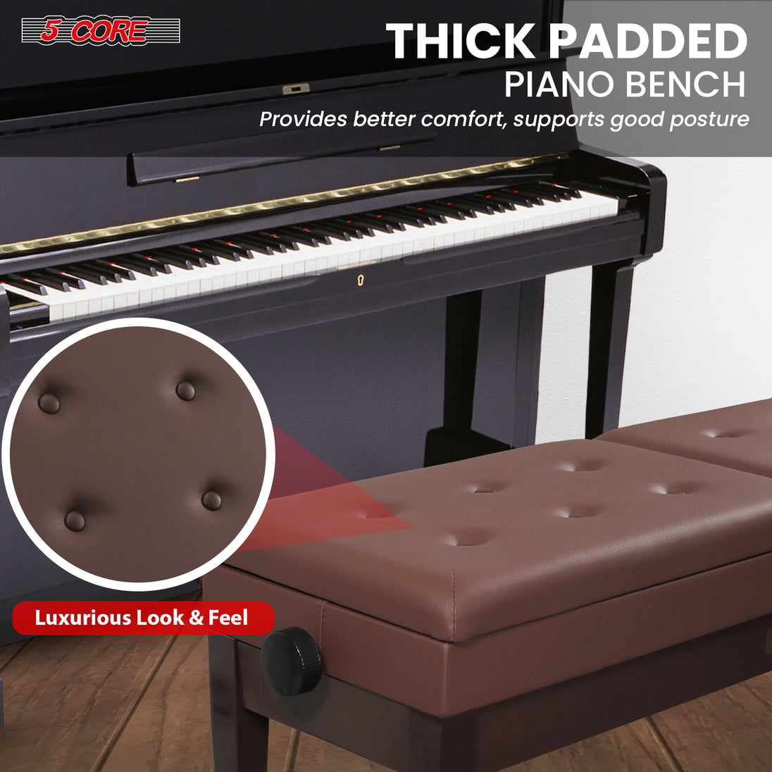 5CORE Duet Piano Bench with Storage Adjustable Wooden Keyboard Stool for Adults & Kids Designed for Two Players