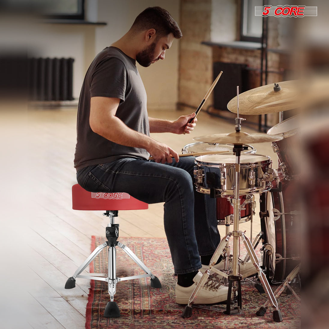 5Core Red Drum Throne Padded Adjustable Stool for Drummers & Guitarists Comfortable Seat for Adults & Kids