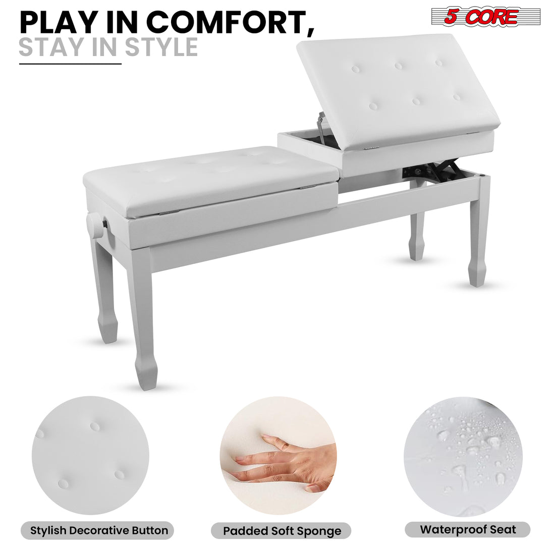 5CORE Duet Piano Bench with Storage for Two Adjustable Wooden Keyboard Stool for Adults & Kids